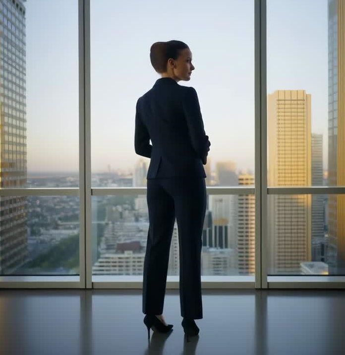woman overlooking skyline and cityscape insice near tall windows cropped
